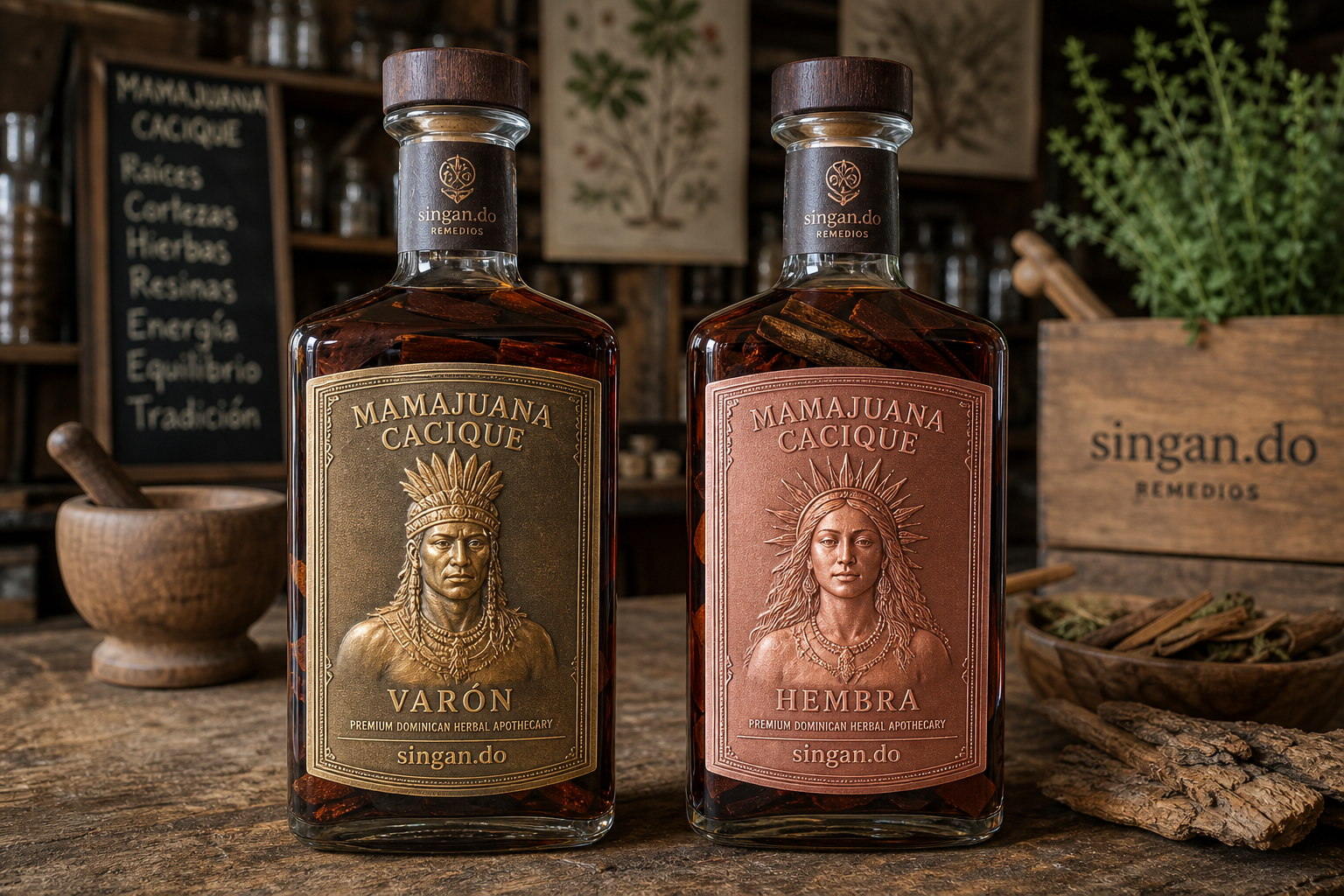 Kasike Mamajuana Varón and Hembra bottles — Mamajuana Cacique artisanal batch with singan.do on label