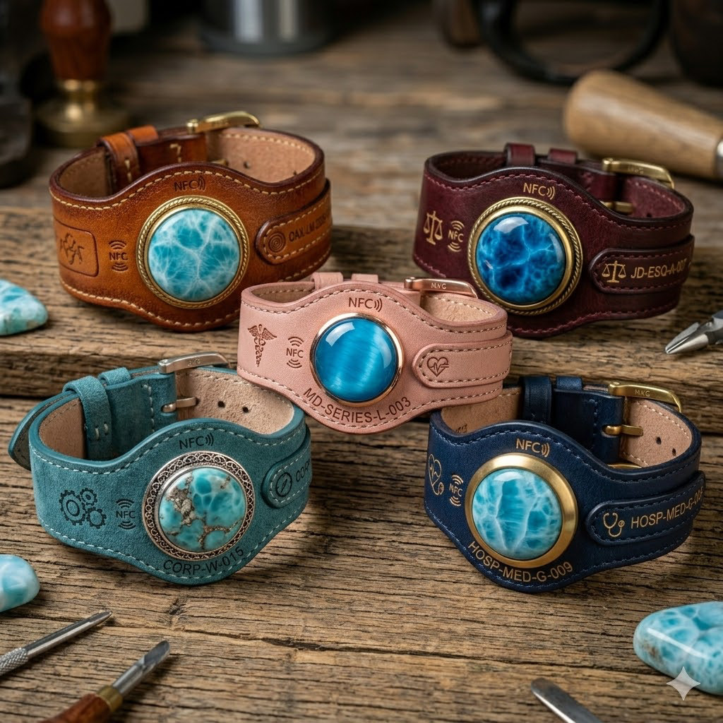 singan.do larimar NFC bracelet collection — legal, medical, corporate and engineering profession designs on Oaxaca leather
