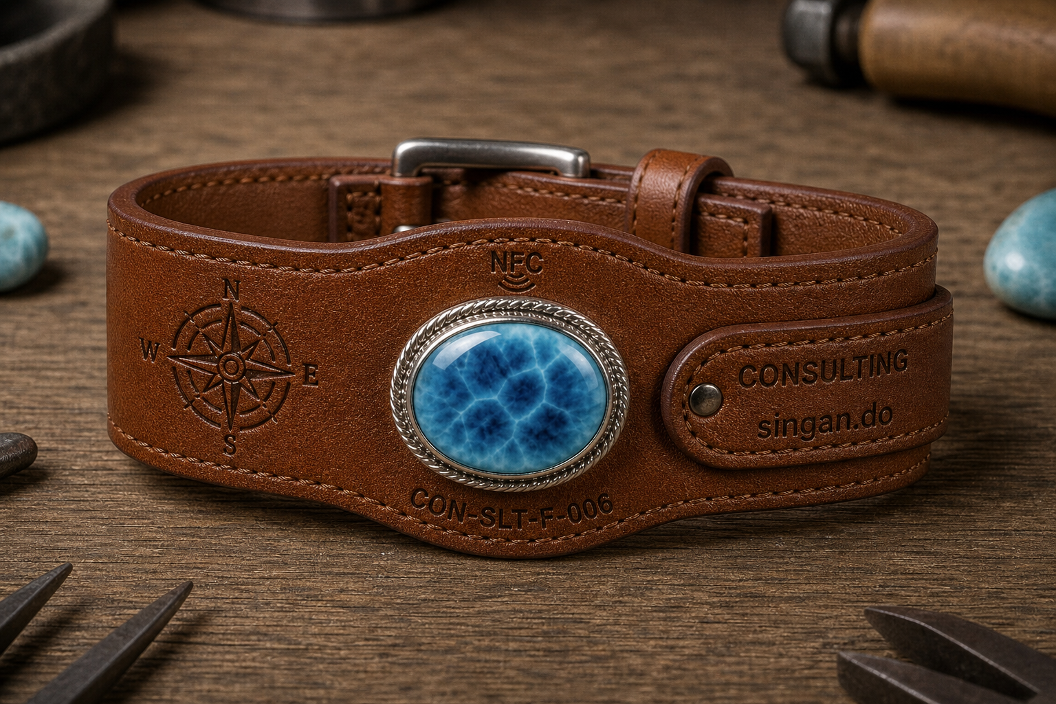 Consulting larimar bracelet — cognac leather, compass motif, singan.do strap tab, CON-SLT-F-006