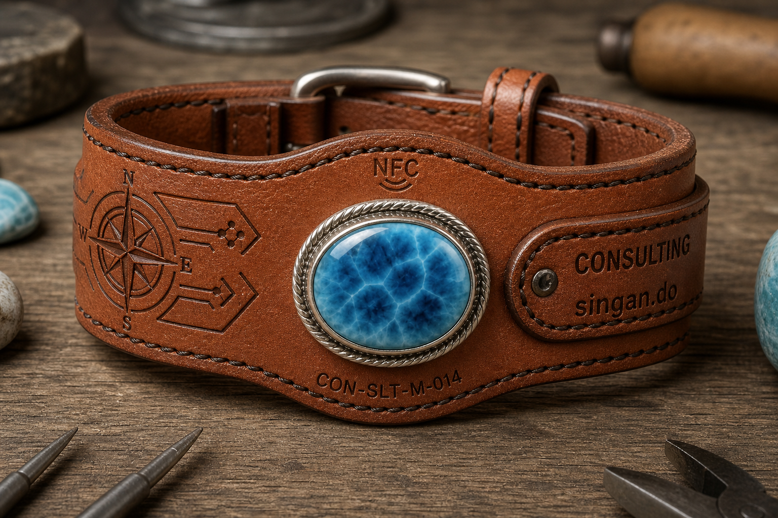 Consulting larimar bracelet — cognac leather, compass motif, singan.do strap tab, CON-SLT-M-014