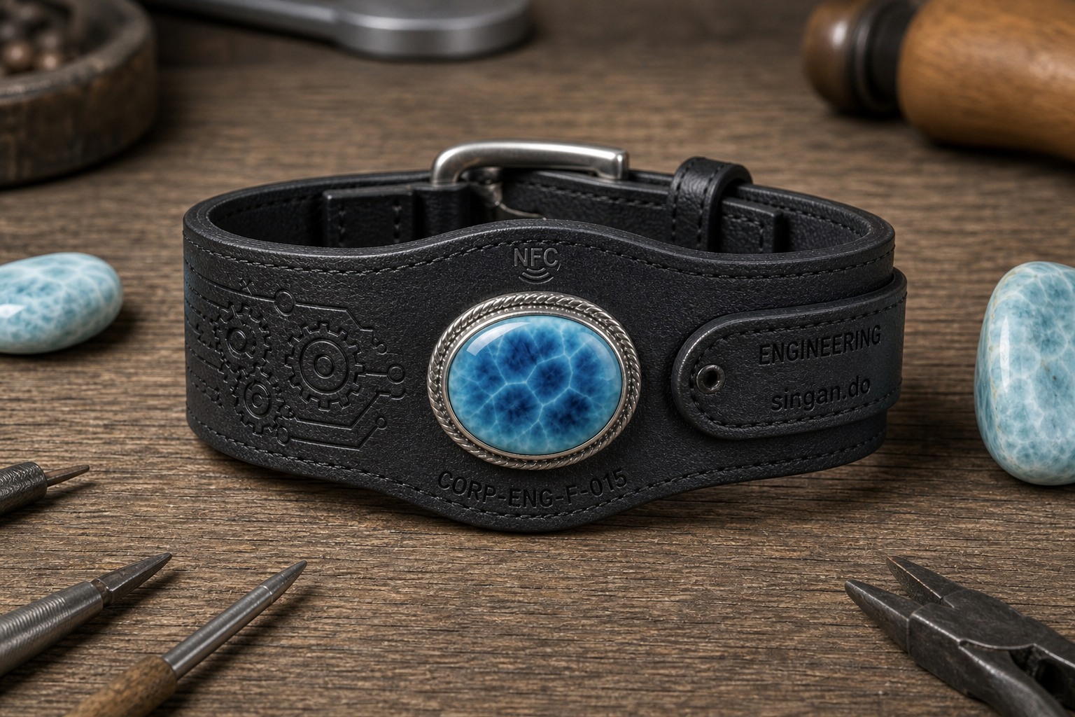 Engineering larimar bracelet — charcoal leather, gears, singan.do strap tab, CORP-ENG-F-015