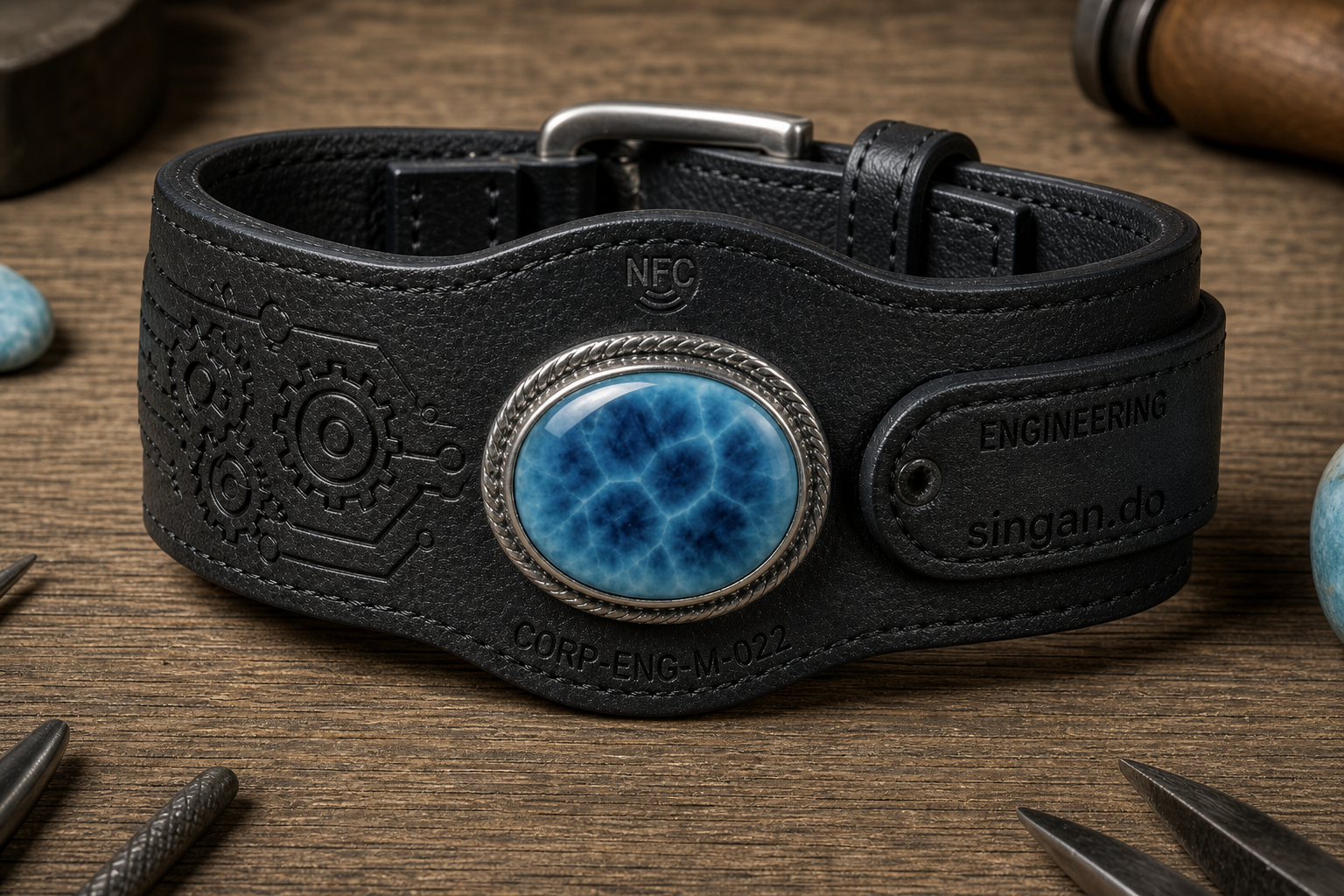 Engineering larimar bracelet — charcoal leather, gears, singan.do strap tab, CORP-ENG-M-022