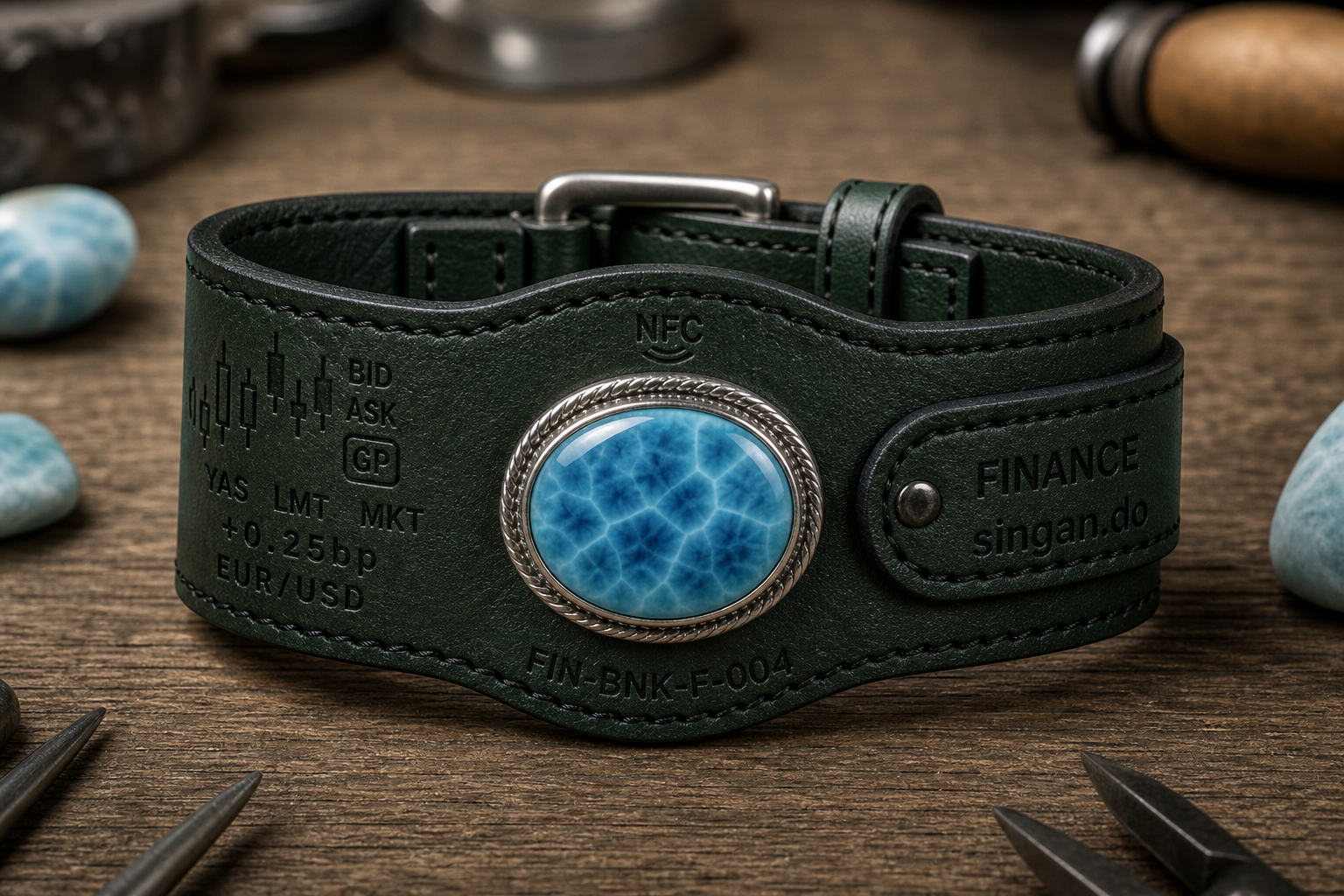 Finance larimar bracelet — emerald leather, terminal glyphs, singan.do strap tab, FIN-BNK-F-004
