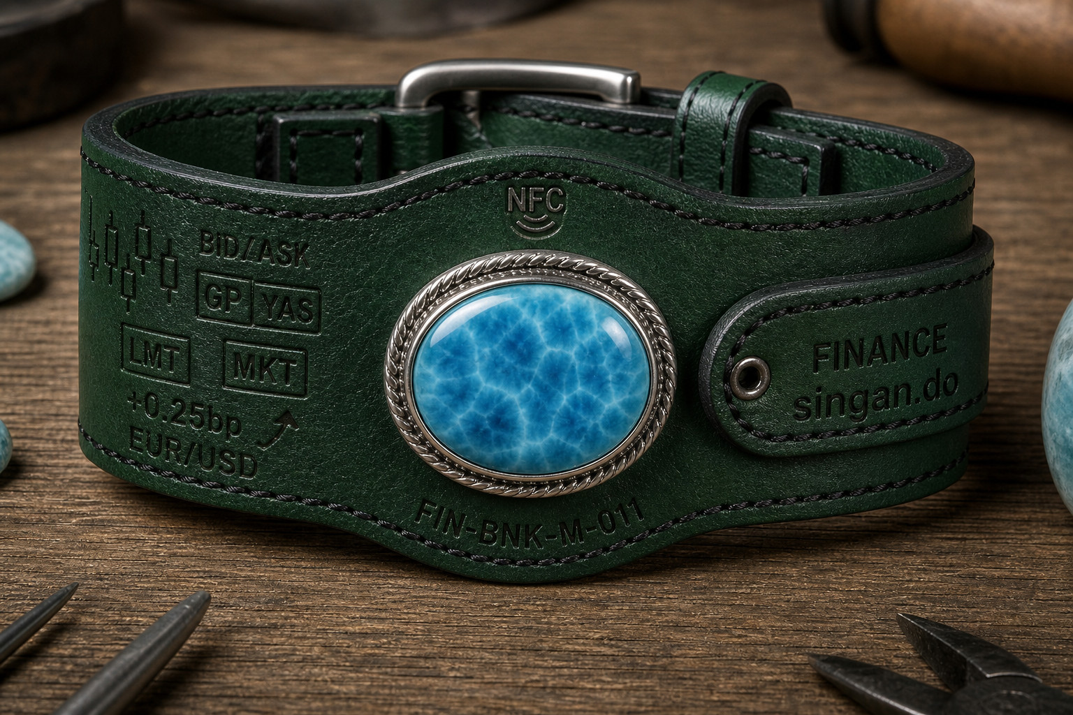 Finance larimar bracelet — emerald leather, terminal glyphs, singan.do strap tab, FIN-BNK-M-011