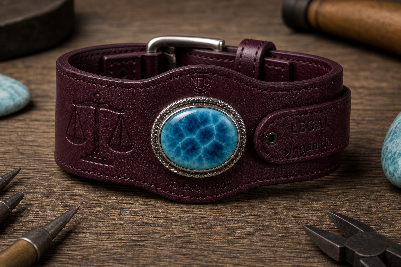 Legal larimar bracelet — burgundy leather, scales of justice, singan.do strap tab, JD-ESQ-F-007