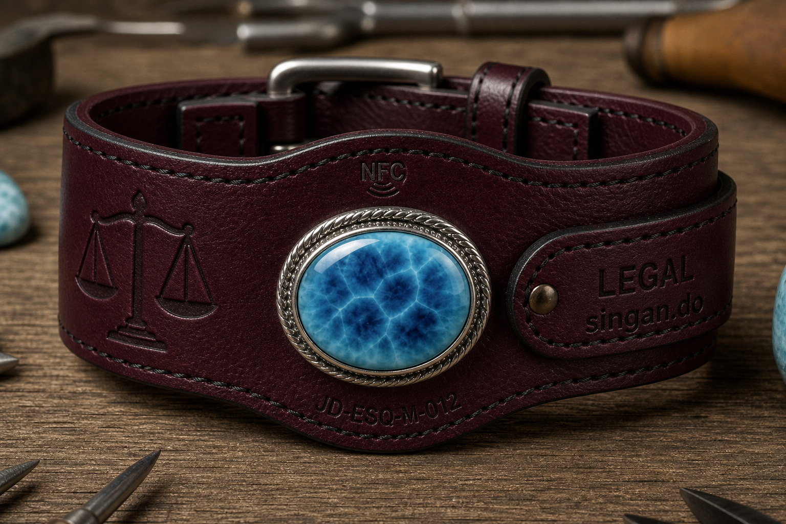 Legal larimar bracelet — burgundy leather, scales of justice, singan.do strap tab, JD-ESQ-M-012
