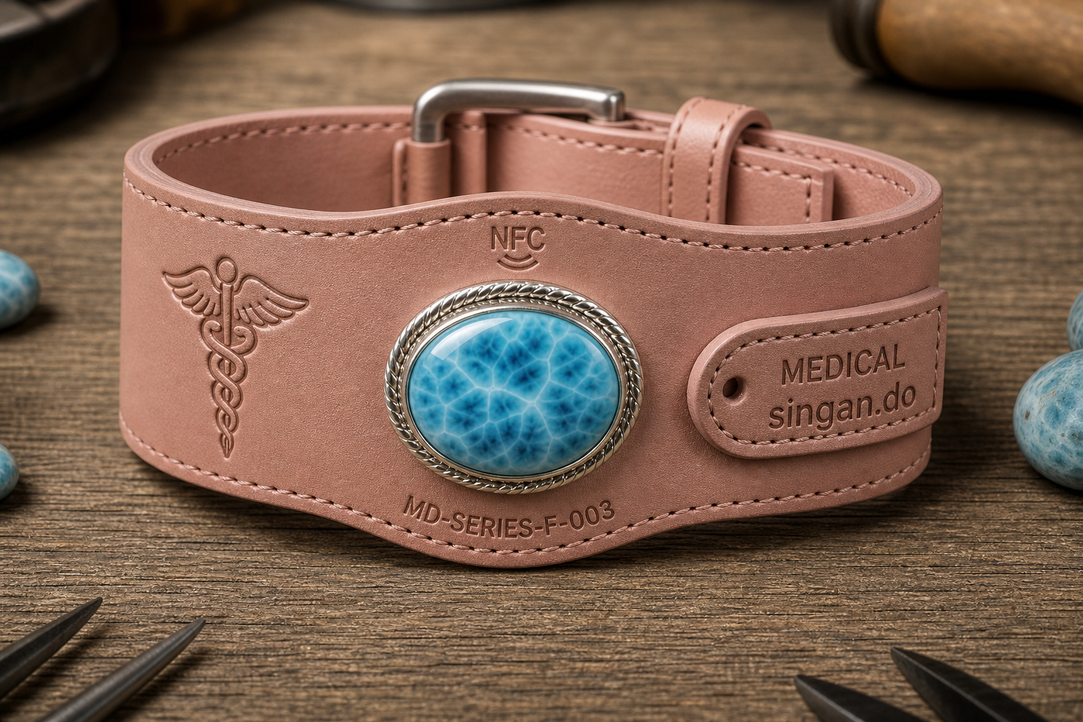 Medical larimar bracelet — rose leather, caduceus, singan.do strap tab, MD-SERIES-F-003
