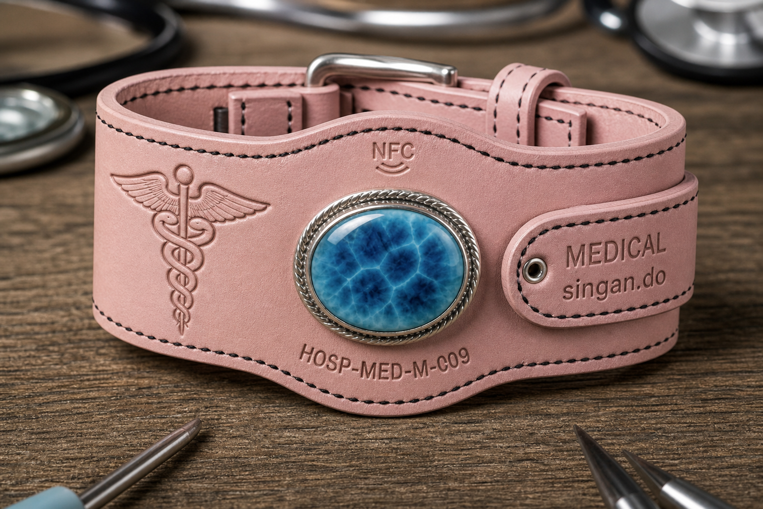 Medical larimar bracelet — rose leather, caduceus, singan.do strap tab, HOSP-MED-M-009